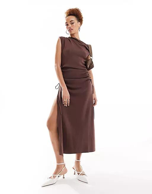 Lioness off shoulder thigh split midaxi dress in brown Cover