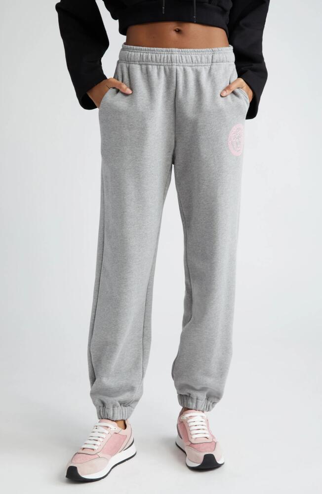 Versace Medusa Logo Cotton Jersey Sweatpants in Gray Melange/Pale Pink Cover