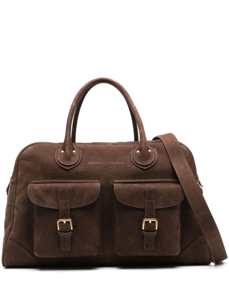 Brunello Cucinelli logo-stamp leather weekend bag - Brown Cover