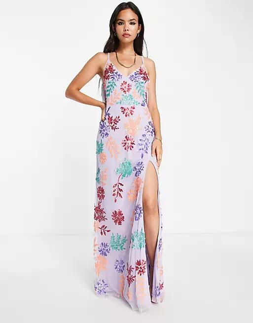 Maya embroidered cross back slip dress in lilac-Pink Cover