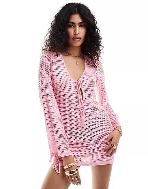 The Frolic esmarie tie detail long sleeve mini beach dress in pink Cover