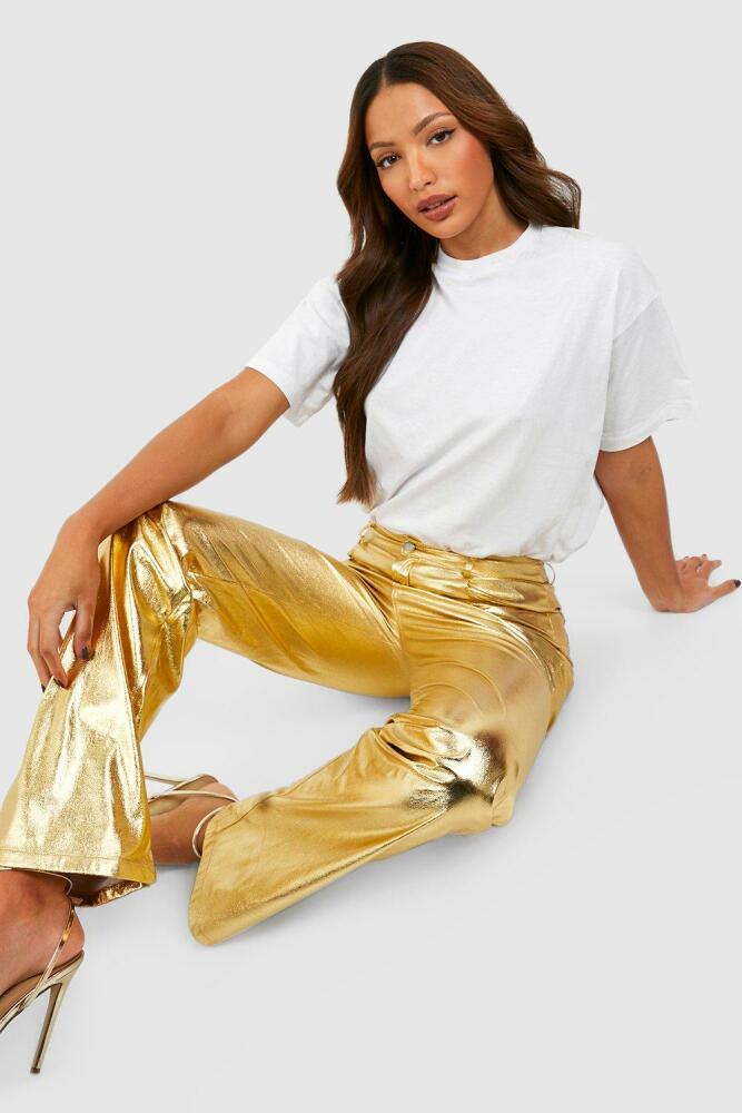 boohoo Womens Tall Metallic Faux Leather High Waisted Straight Pants - Gold Cover