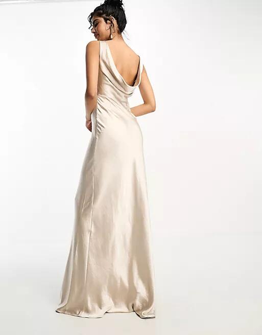 Six Stories Bridesmaids cowl back satin maxi dress in oyster-White Cover