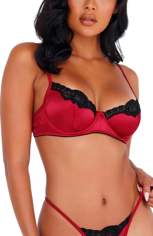 Roma Confidential Lace Trim Satin Underwire Bra & Thong Set in Red/Black Cover