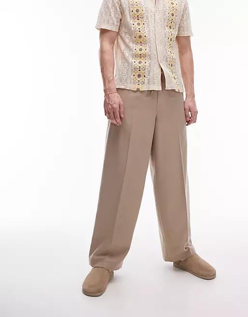 Topman wide leg textured pants in stone-Neutral Cover