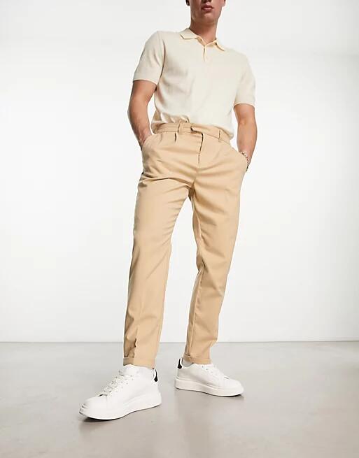 New Look tapered pleat front pants in stone-Neutral Cover