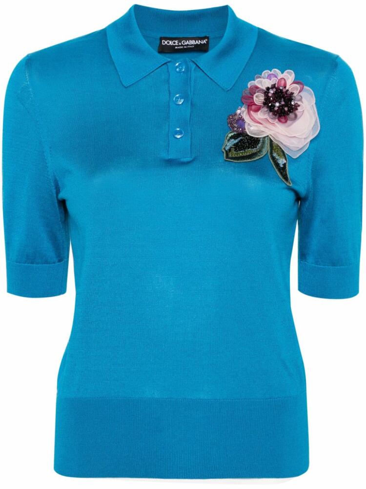 Dolce & Gabbana floral-appliqué knit polo shirt - Blue Cover