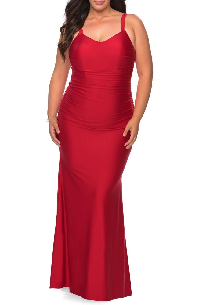 La Femme Ruched Satin Jersey Gown in Red Cover