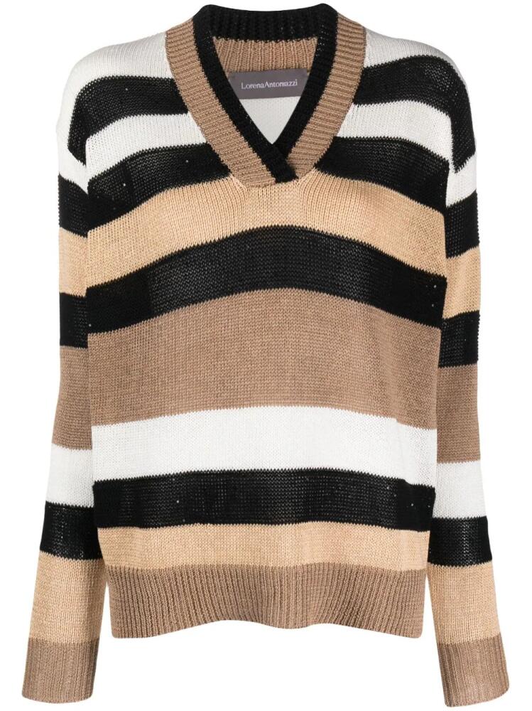 Lorena Antoniazzi striped V-neck intarsia-knit cardigan - Brown Cover