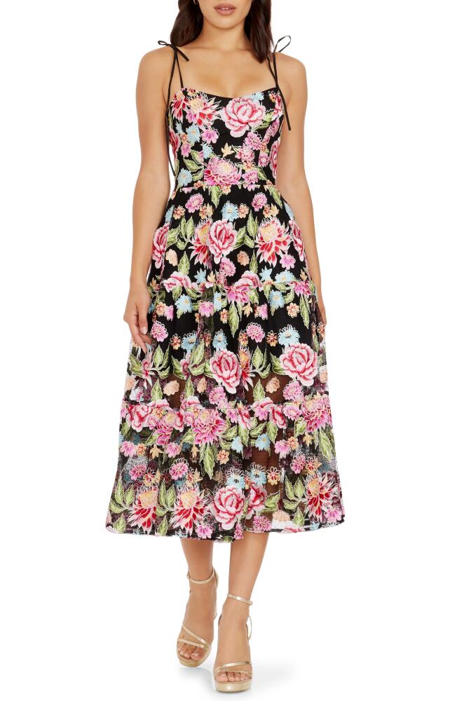 Dress the Population Dream Floral Embroidered Lace Midi Dress in Pink Rose Multi Cover