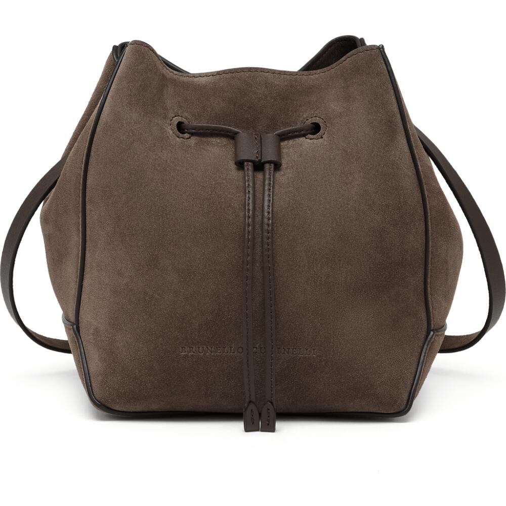 Brunello Cucinelli Suede bucket bag with monili in Bark Cover