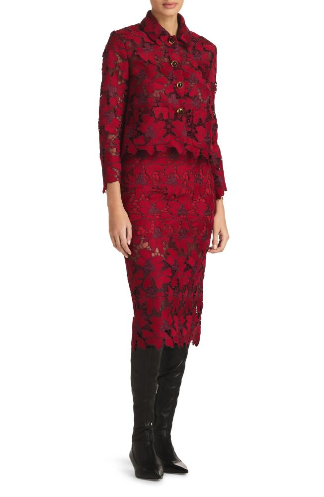 St. John Evening Floral Guipure Lace Skirt in Crimson/Mulberry Cover