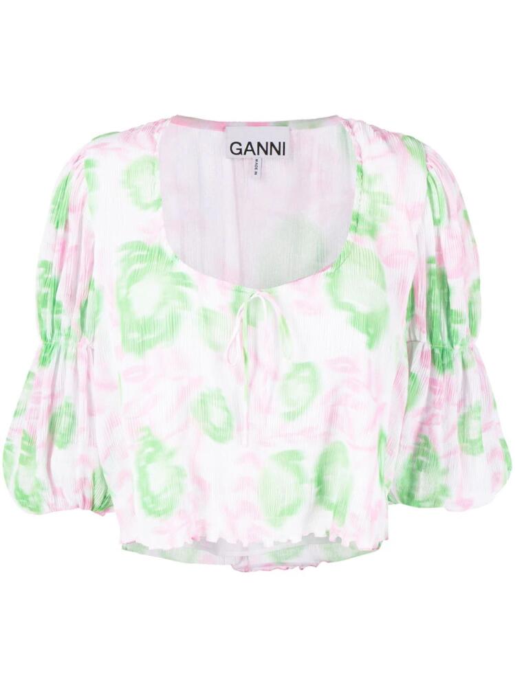 GANNI floral-print pleated georgette blouse - Pink Cover