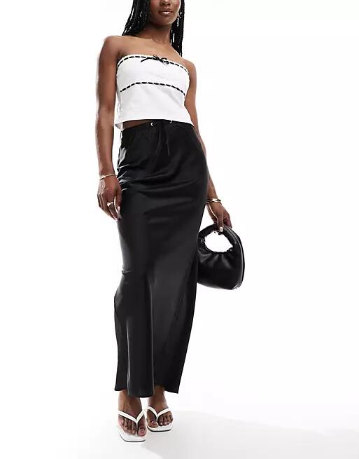 ASOS DESIGN satin bias maxi skirt with tie waist in black Cover