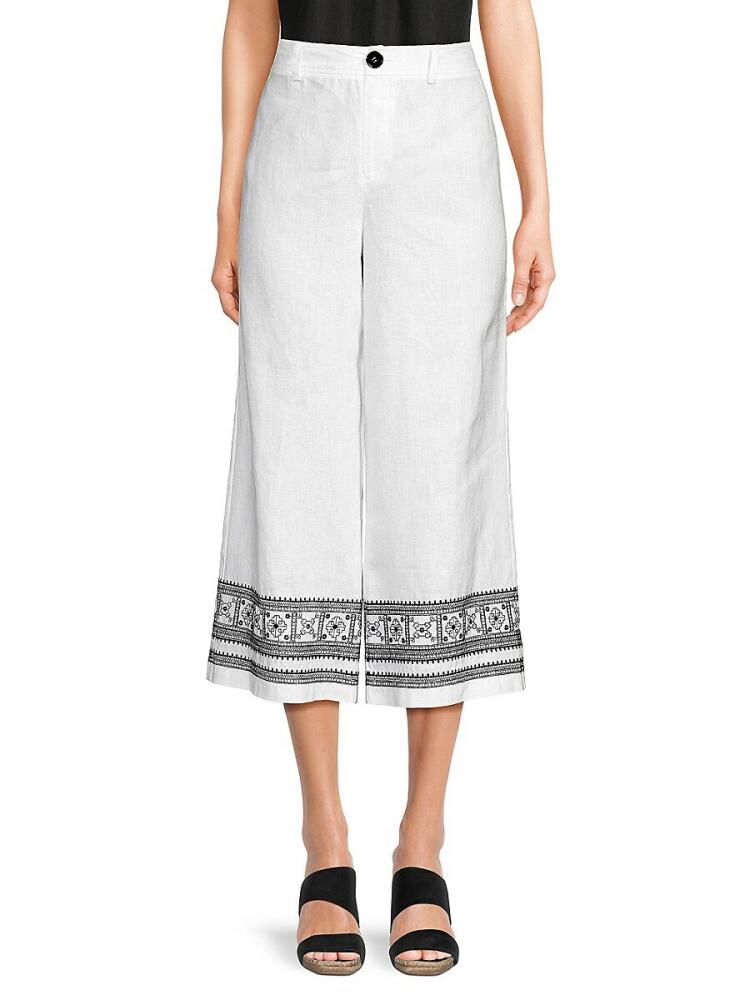 Saks Fifth Avenue Women's Embroidered 100% Linen Cropped Pants - White Cover