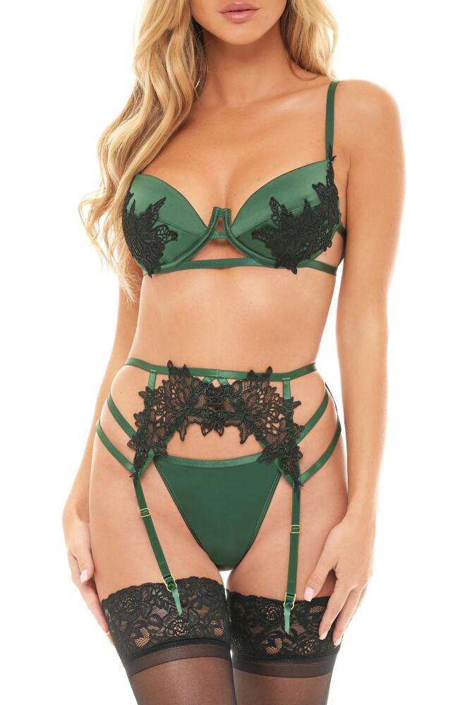 Oh La La Cheri Jeri Floral Appliqué Underwire Bra, Thong & Garter Belt Set in Hunter Green/Black Cover