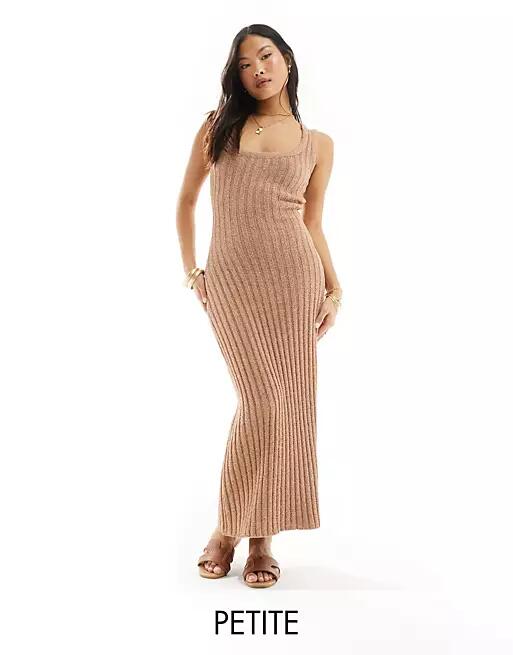 4th & Reckless Petite exclusive ribbed knit sleeveless scoop neck maxi dress in camel-Red Cover