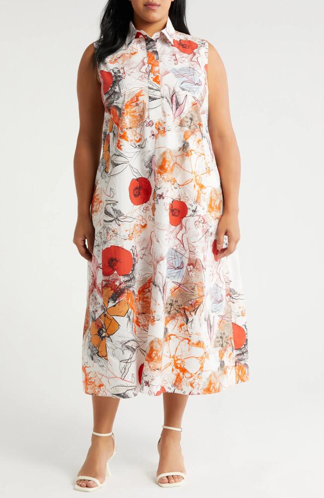 Marina Rinaldi Rabat Floral Sleeveless Midi Shirtdress in White Poppy Cover