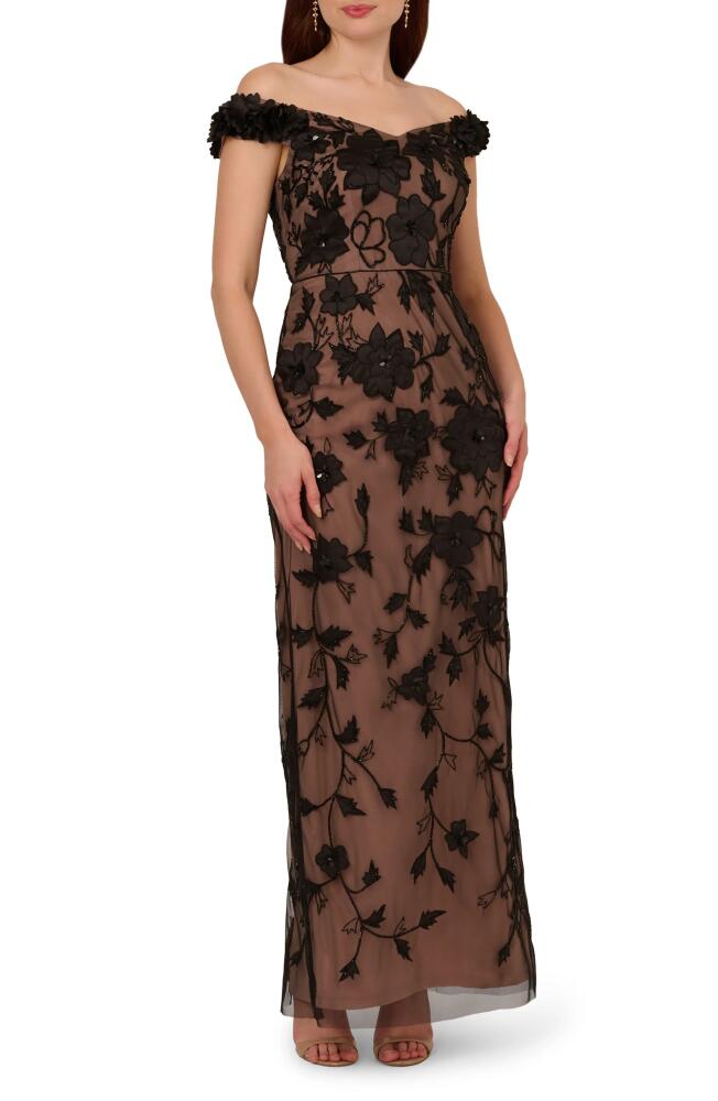 Adrianna Papell Beaded Off the Shoulder Column Gown in Black/Rosegold Cover