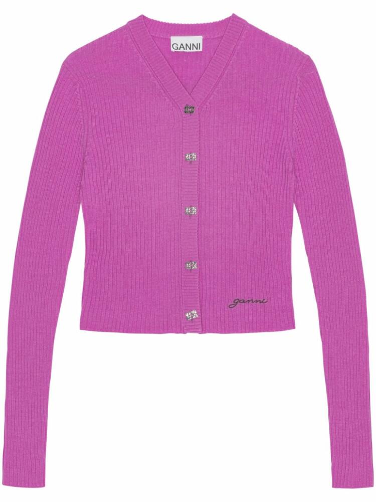 GANNI logo-embroidered ribbed cardigan - Purple Cover