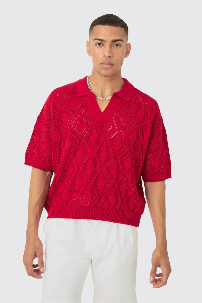 boohoo Mens Boxy Oversized Patterned Open Stitch Knitted Polo - Red Cover