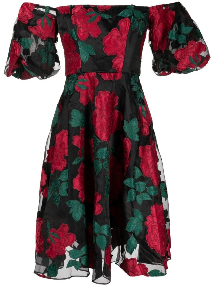 Marchesa Notte Claude floral-appliqué midi dress - Black Cover