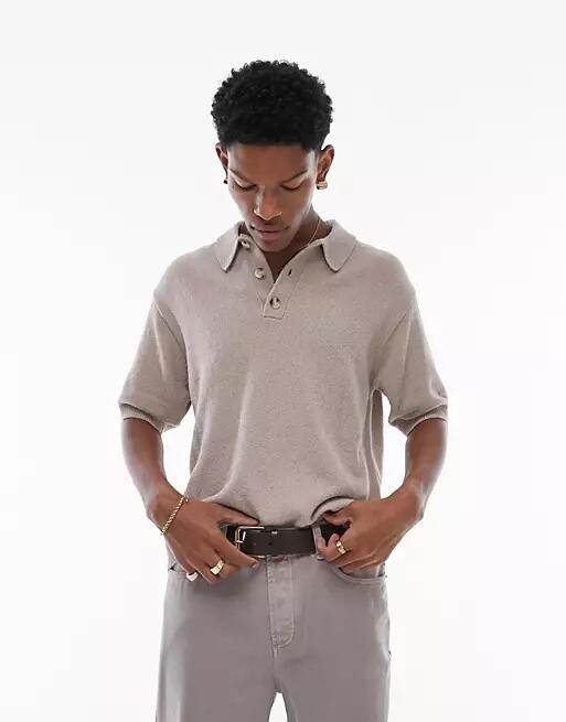 Topman knitted textured polo in stone-Neutral Cover