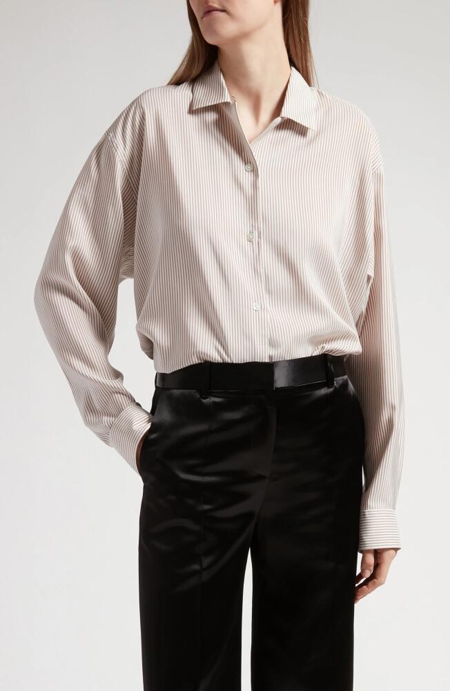 The Row Valene Oversize Stripe Silk Button-Up Shirt in Ivory/Beige Cover