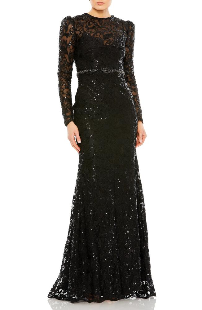 Mac Duggal Sequin Tapestry Long Sleeve Trumpet Gown in Black Cover