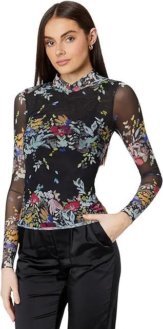 Ted Baker Amandha Printed Mesh Long Sleeve Top (Black) Women's Clothing Cover