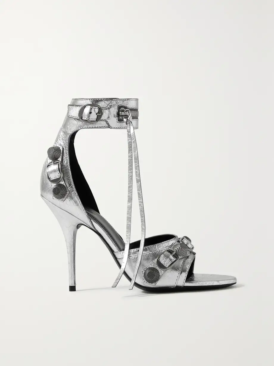 Balenciaga - Cagole Embellished Metallic Crinkled-leather Sandals - Silver Cover