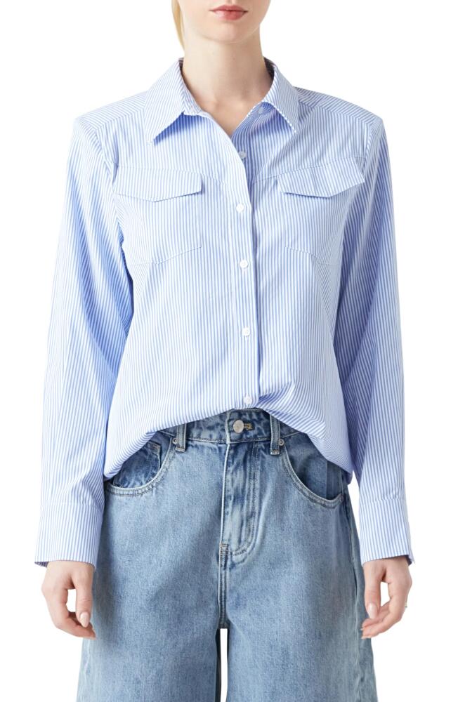 Grey Lab Power Shoulder Stripe Button-Up Shirt in Blue Cover