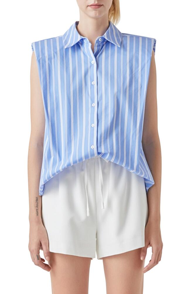 Grey Lab Stripe Power Shoulder Sleeveless Button-Up Shirt in Blue/White Cover