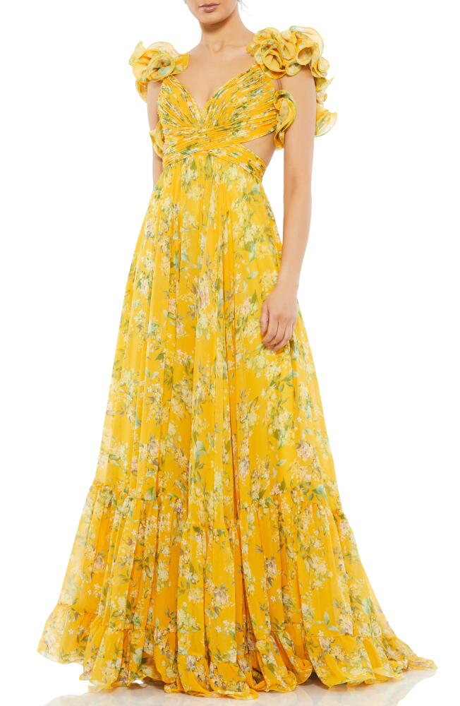 Mac Duggal Floral Chiffon Cutout Ballgown in Lemon Multi Cover