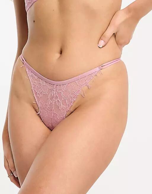 ASOS DESIGN Paris eyelash lace strappy thong in pink Cover