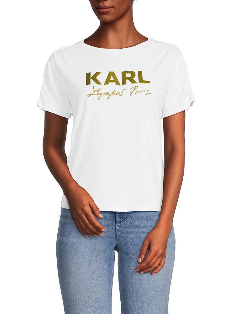 Karl Lagerfeld Paris Women's Ruched Metallic Logo Tee - White Cover