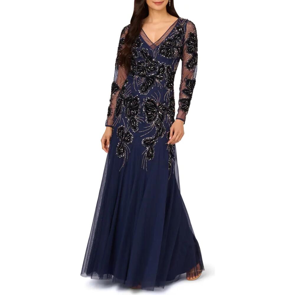 Adrianna Papell Beaded Mesh Long Sleeve Velvet Godet Gown in Light Navy Cover