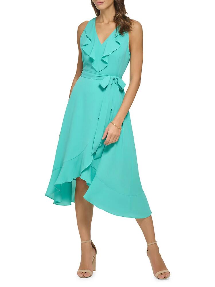 Kensie Women's Belted Ruffle Asymmetric Midi Dress - Aqua Spray Cover