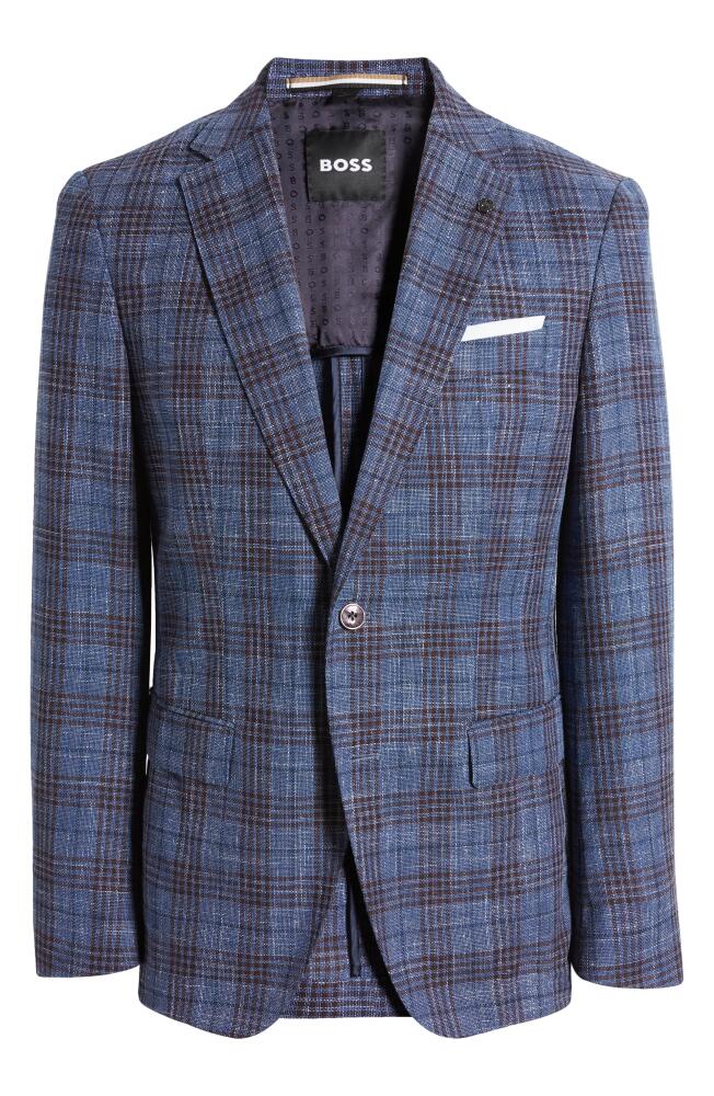 BOSS Hutson Plaid Virgin Wool, Cotton & Linen Blend Sport Coat in Dark Blue Cover