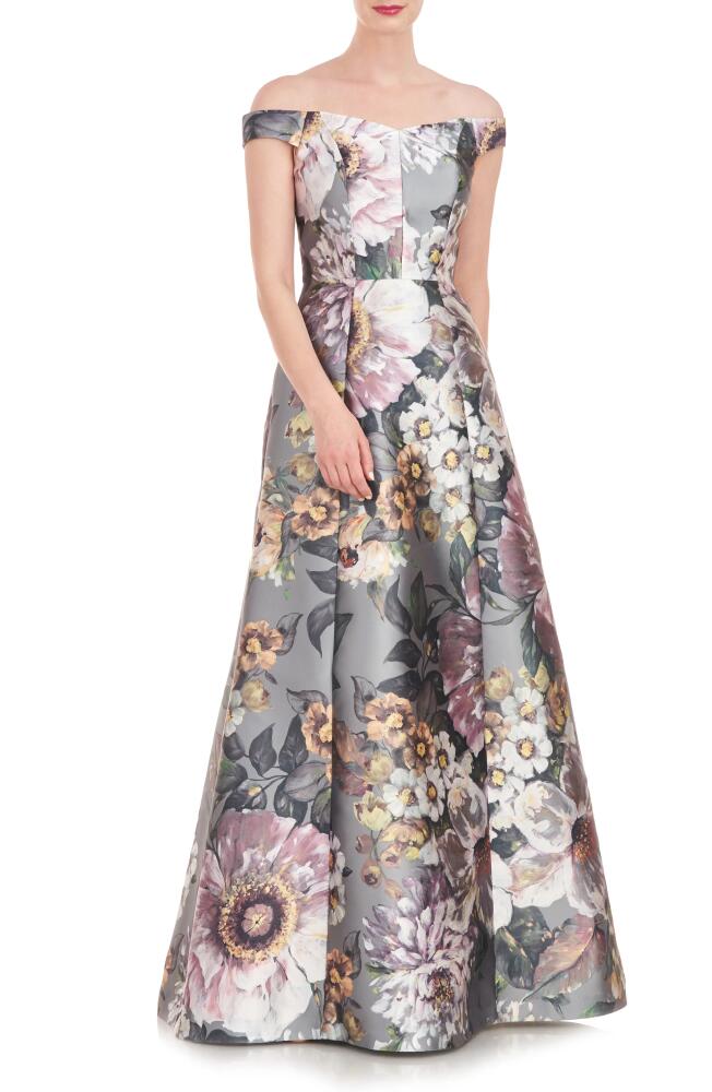 Kay Unger Garland Floral Print Off the Shoulder Gown in Sage Gray Cover