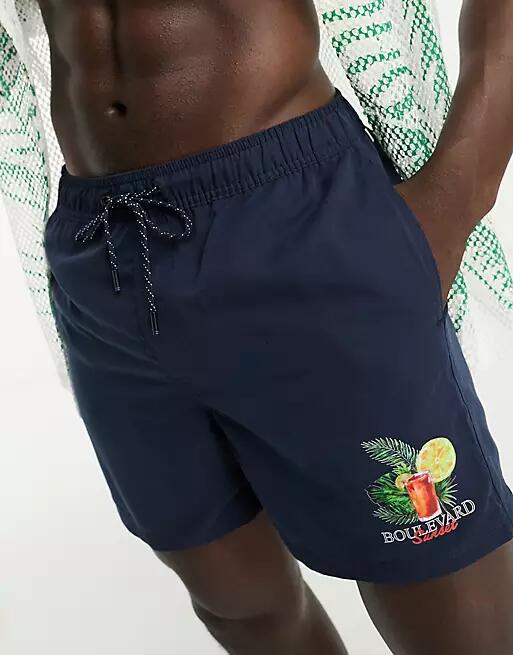 Jack & Jones Intelligence swim shorts with front print in navy Cover