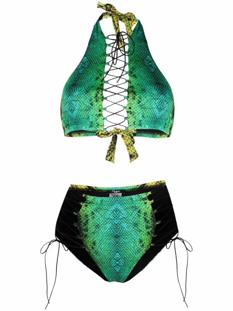 Noire Swimwear snakeskin-print lattice-strap bikini set - Green Cover