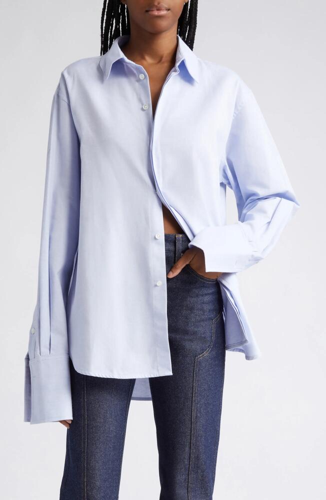 K. NGSLEY Gender Inclusive Snider Splice Cotton Button-Up Shirt in White/Blue Cover