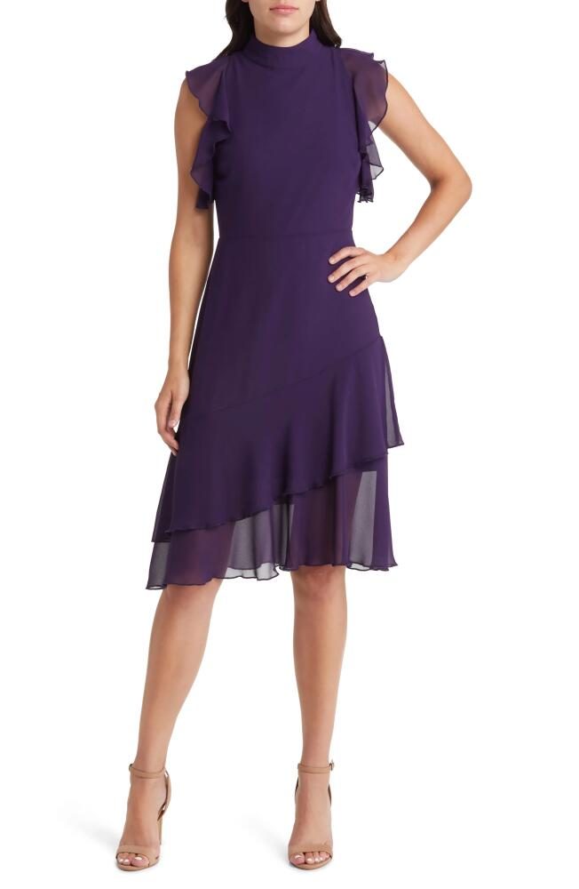 Sam Edelman Ruffle Mock Neck Midi Dress in Eggplant Cover