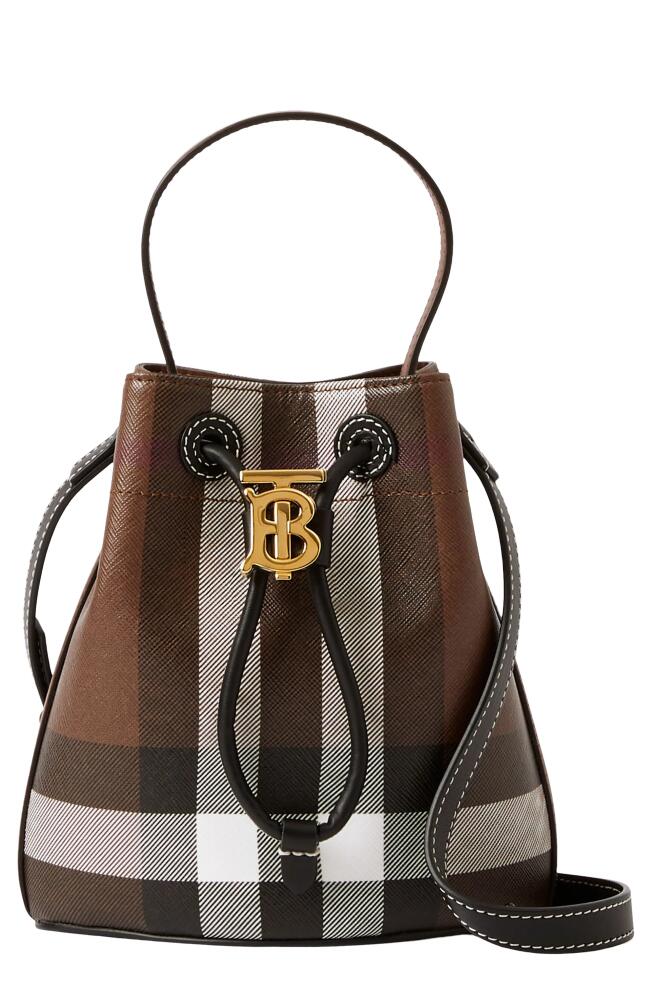 burberry Mini Check Coated Canvas & Leather Bucket Bag in Dark Birch Brown Cover