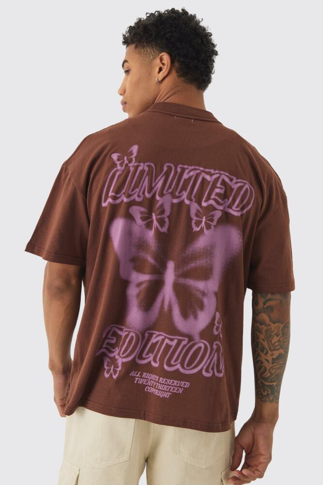 boohoo Mens Oversized Extended Neck Blurred Butterfly Graphic T-Shirt - Brown Cover