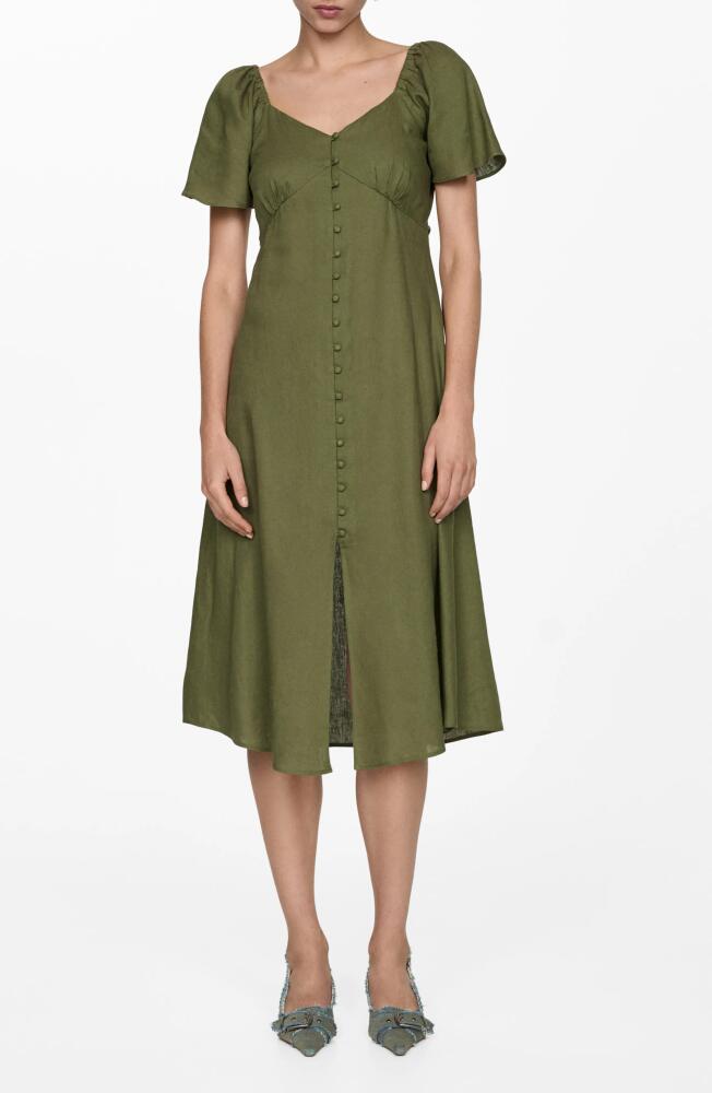 MANGO Flutter Sleeve Linen Blend Midi Dress in Khaki Green Cover