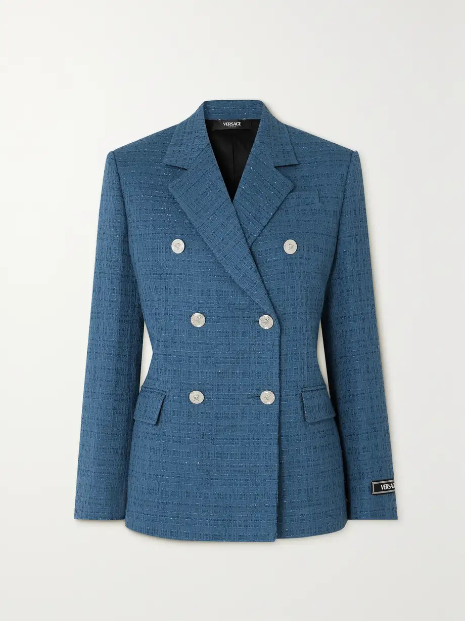 Versace - Double-breasted Metallic Cotton-blend Tweed Blazer - Blue Cover