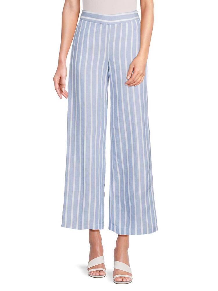 T Tahari Women's Flat Front Wide Leg Linen Blend Pants - Blue White Cover