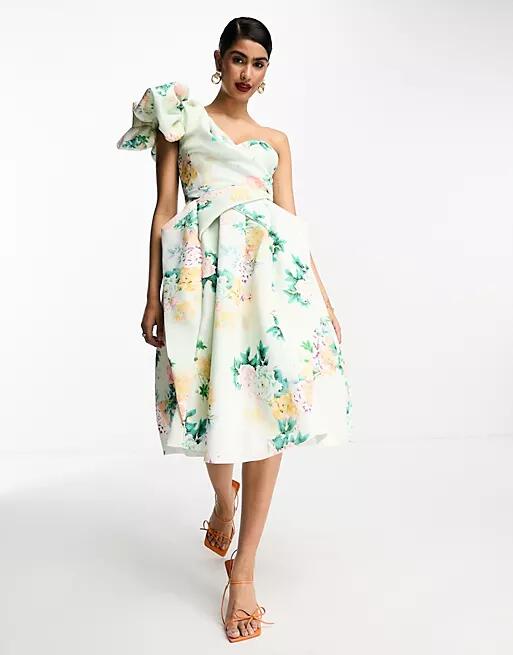 ASOS DESIGN one shoulder origami midi prom dress in blue floral print-Multi Cover